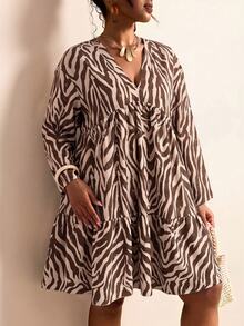 Elaquor Plus Size Women's Zebra Print V-Neck Long Sleeve Ruffle Hem Dress Winter - Multicolor - View 3
