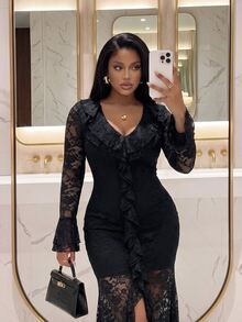 Slaydiva Gaun Wanita Ukuran Besar, Gaun Pesta Maxi Hitam Leher V Berenda Transparan dengan Belahan untuk Musim Gugur - Hitam - View 4
