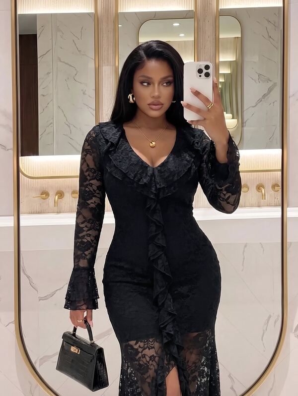 Slaydiva فستان نسائي بمقاس كبير، فستان سهرة ماكسي أسود بياقة على شكل حرف V مع كشكشة ودانتيل شفاف وشق جانبي
