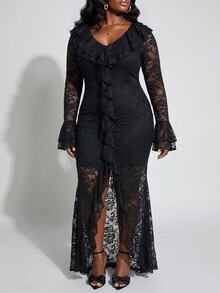 Slaydiva Gaun Wanita Ukuran Besar, Gaun Pesta Maxi Hitam Leher V Berenda Transparan dengan Belahan untuk Musim Gugur - Hitam - View 8