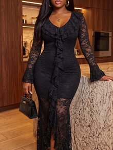 Slaydiva Gaun Wanita Ukuran Besar, Gaun Pesta Maxi Hitam Leher V Berenda Transparan dengan Belahan untuk Musim Gugur - Hitam - View 11