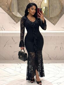 Slaydiva Gaun Wanita Ukuran Besar, Gaun Pesta Maxi Hitam Leher V Berenda Transparan dengan Belahan untuk Musim Gugur - Hitam - View 2