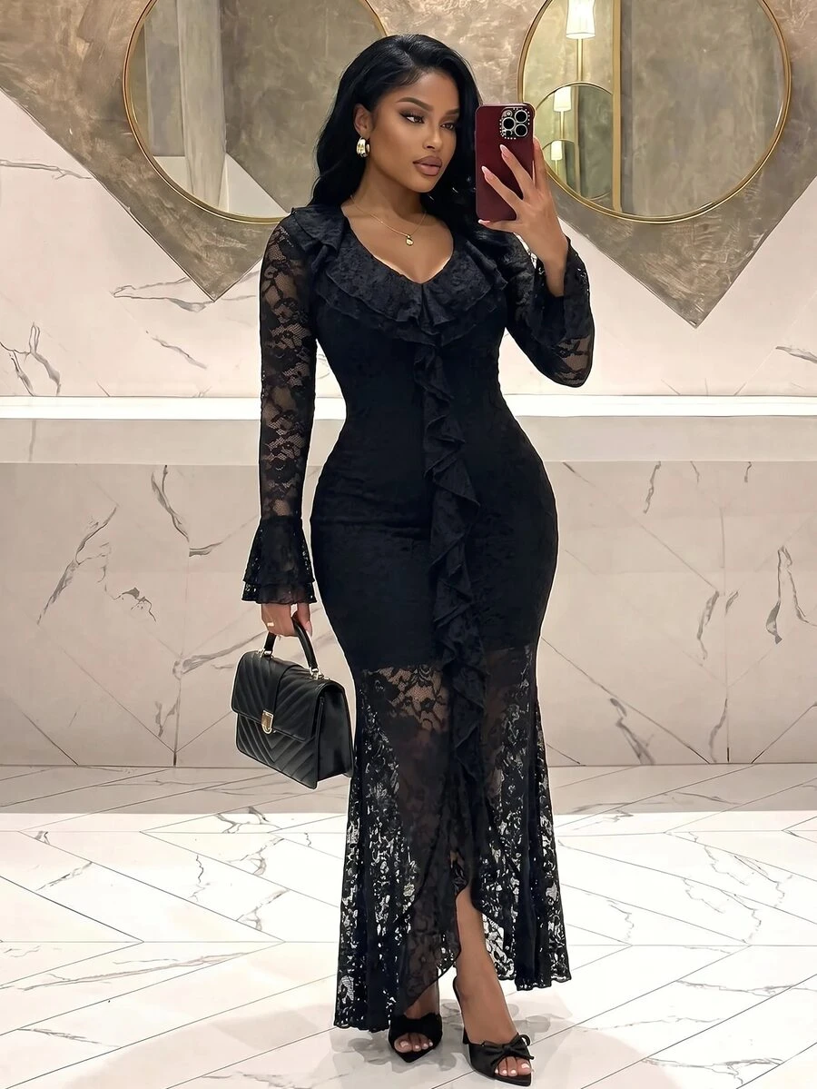 Slaydiva Gaun Wanita Ukuran Besar, Gaun Pesta Maxi Hitam Leher V Berenda Transparan dengan Belahan untuk Musim Gugur