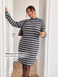 Lounesse 大尺碼女款條紋立領休閒日常夏季旅行洋裝 - 彩色 - 查看 2