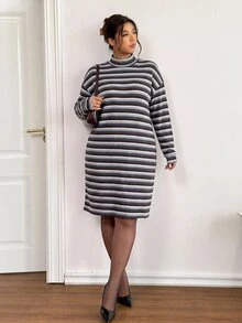 Lounesse 大尺碼女款條紋立領休閒日常夏季旅行洋裝 - 彩色 - 查看 4