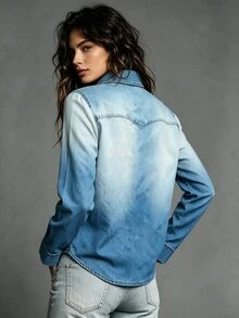 SHEIN Kemeja Lengan Panjang Kasual Wanita dengan Motif Digital Seluruh Permukaan, Atasan Profesional Serbaguna untuk Perjalanan di Musim Gugur/Dingin - Biru - View 2