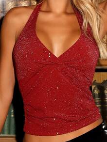 Sandy Gomes Fashionable Glitter Lace-Up Camisole, Sexy Bombshell Style - Red - View 4