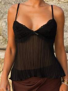 Sandy Gomes Black V-Neck Loose Women's Lace-Up Strap Chiffon Lace Camisole, Suitable For Vacation, Spring/Summer - Black - View 4