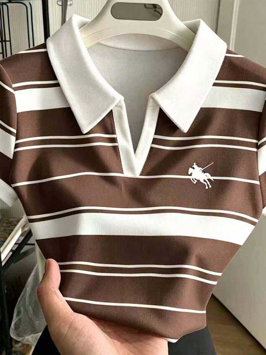 Rovax American Equestrian Small Logo Striped Print T-Shirt, Women's Cropped Waist-Defining Contrast Collar Polo Shirt - Multicolor - View 1