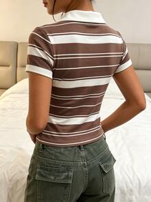 Rovax American Equestrian Small Logo Striped Print T-Shirt, Women's Cropped Waist-Defining Contrast Collar Polo Shirt - Multicolor - View 2