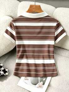 Rovax American Equestrian Small Logo Striped Print T-Shirt, Women's Cropped Waist-Defining Contrast Collar Polo Shirt - Multicolor - View 4