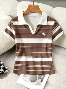 Rovax American Equestrian Small Logo Striped Print T-Shirt, Women's Cropped Waist-Defining Contrast Collar Polo Shirt - Multicolor - View 6
