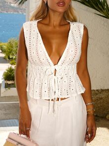 Sandy Gomes Women's Vacation Floral Embroidery Sexy Ruffle Hem Tie Back Camisole White Summer Holiday Resort - White - View 3