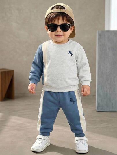SHEIN 2pcs Baby Boy Baby Boy Horse Pattern Knitted Soft Crew Neck Colorblock Long Sleeve Pullover Sweatshirt Elastic Waist Long Pants Joggers Two Pieces Set Baby Boy Tracksuits Suitable For Autumn And Winter