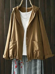 EMERY ROSE Plus Size Women's Minimalist Casual Commuter Style Cinched Waist Single-Breasted Hooded Jacket, Suitable For Daily Commute, Everyday Wear, Casual Leisure - Brown - View 3