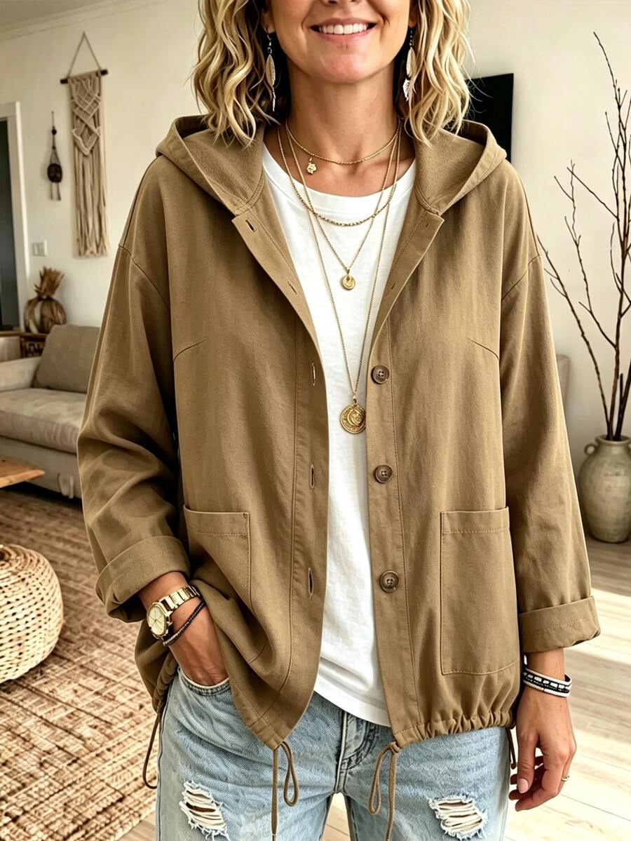 EMERY ROSE Plus Size Women's Minimalist Casual Commuter Style Cinched Waist Single-Breasted Hooded Jacket, Suitable For Daily Commute, Everyday Wear, Casual Leisure - Brown - View 1