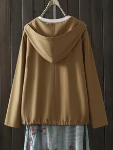 EMERY ROSE Plus Size Women's Minimalist Casual Commuter Style Cinched Waist Single-Breasted Hooded Jacket, Suitable For Daily Commute, Everyday Wear, Casual Leisure - Brown - View 2