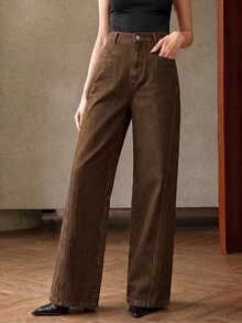 Anewsta Fashionable Modern All-Season Deep Blue Commuter Versatile Colorblock Design Holiday Women's Jeans - Brown - View 7