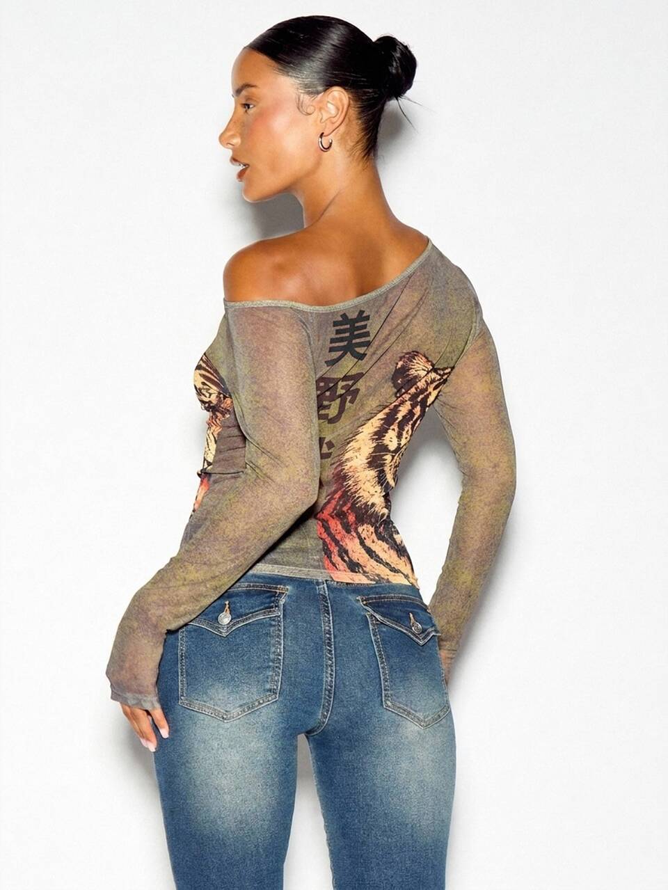 SUMWON WOMEN Off Shoulder Long Sleeve Mesh Top With Tiger Graphic Print And Japanese Kanji Script Sheer Fitted Y2K Style