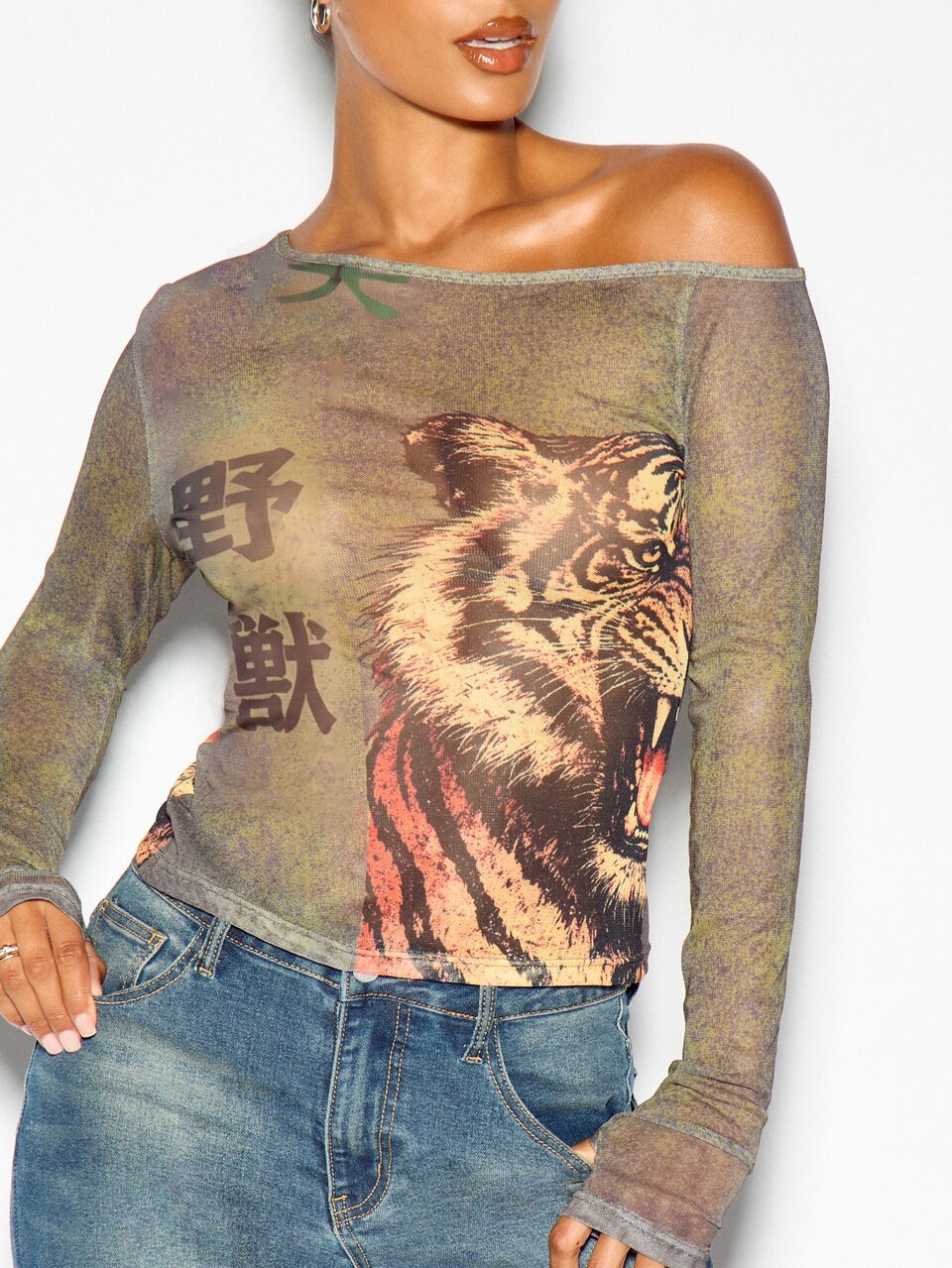 SUMWON WOMEN Off Shoulder Long Sleeve Mesh Top With Tiger Graphic Print And Japanese Kanji Script Sheer Fitted Y2K Style