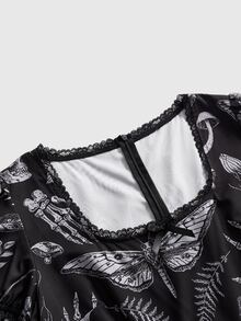 ROMWE Dark Gothic Witch Lace Patchwork Doll Print Women's Short Plus Size Dress - Black - View 4