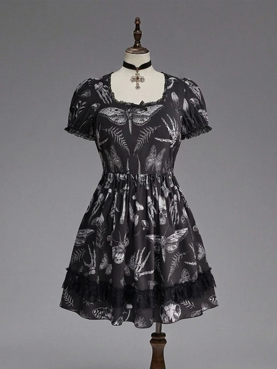ROMWE Dark Gothic Witch Lace Patchwork Doll Print Women's Short Plus Size Dress - Black - View 1