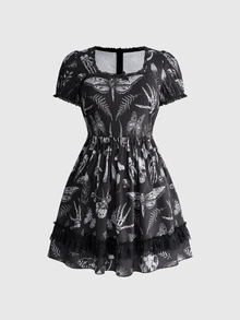 ROMWE Dark Gothic Witch Lace Patchwork Doll Print Women's Short Plus Size Dress - Black - View 5