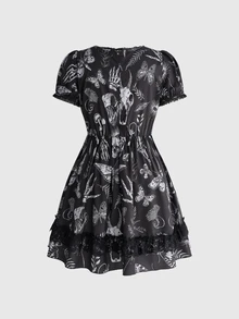 ROMWE Dark Gothic Witch Lace Patchwork Doll Print Women's Short Plus Size Dress - Black - View 6