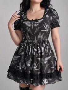 ROMWE Dark Gothic Witch Lace Patchwork Doll Print Women's Short Plus Size Dress - Black - View 2