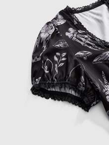 ROMWE Dark Gothic Witch Lace Patchwork Doll Print Women's Short Plus Size Dress - Black - View 3