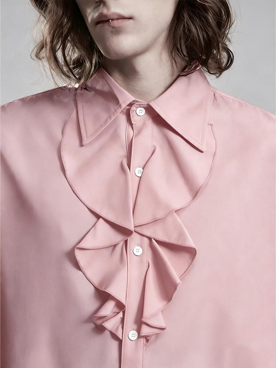 ROMWE MEN Goth Men's Solid Color Casual Versatile Daily Long Sleeve Shirt - Pink - View 1