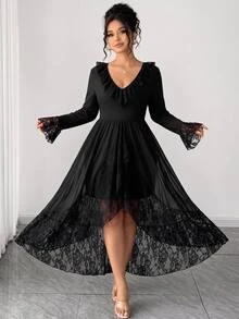 Elenzga Plus Size Women V-Neck Lace Patchwork Casual Party Dress - Black - View 3