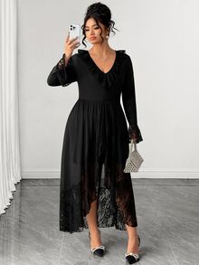 Elenzga Plus Size Women V-Neck Lace Patchwork Casual Party Dress - Black - View 6