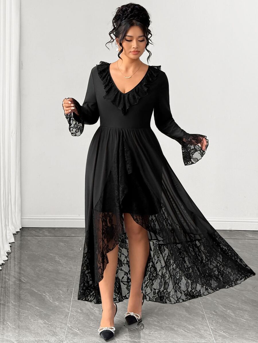 Elenzga Plus Size Women V-Neck Lace Patchwork Casual Party Dress - Black - View 1
