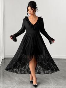 Elenzga Plus Size Women V-Neck Lace Patchwork Casual Party Dress - Black - View 4