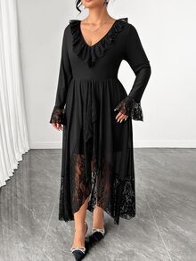 Elenzga Plus Size Women V-Neck Lace Patchwork Casual Party Dress - Black - View 5