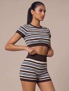 SHEIN BAE Women Colorblock Seamless Stripe High Waist Shorts Gym Workout Training Running Yoga Athletic Activewear - Coffee Brown - View 7