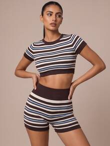 SHEIN BAE Women Colorblock Seamless Stripe High Waist Shorts Gym Workout Training Running Yoga Athletic Activewear - Coffee Brown - View 5