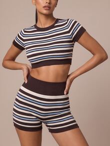 SHEIN BAE Women Colorblock Seamless Stripe High Waist Shorts Gym Workout Training Running Yoga Athletic Activewear - Coffee Brown - View 2
