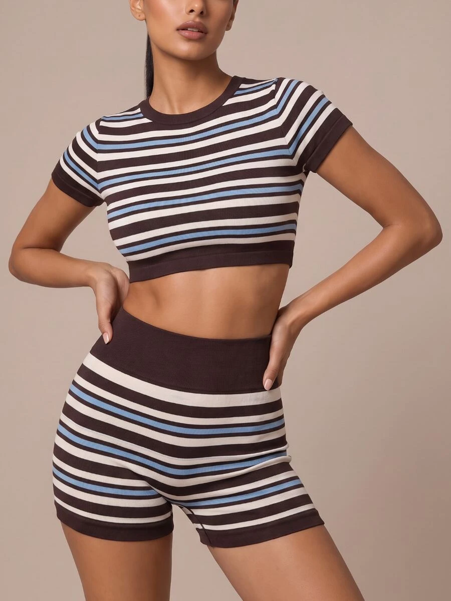SHEIN BAE Women Colorblock Seamless Stripe High Waist Shorts Gym Workout Training Running Yoga Athletic Activewear