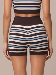 SHEIN BAE Women Colorblock Seamless Stripe High Waist Shorts Gym Workout Training Running Yoga Athletic Activewear - Coffee Brown - View 9