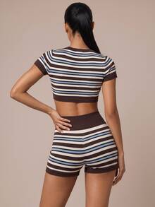 SHEIN BAE Women Colorblock Seamless Stripe High Waist Shorts Gym Workout Training Running Yoga Athletic Activewear - Coffee Brown - View 8