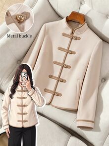 GlowEve CURVE Jaket Pendek Longgar Kerah Tegak Kancing Katak Warna Beige untuk Wanita Ukuran Plus, Model Terbaru Musim Gugur/Dingin - Aprikot - View 1