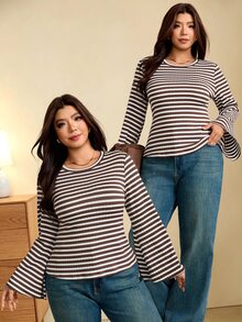 Edennvi Women's Plus Size Bell Sleeve Long Sleeve T-Shirt, Round Neck Elegant Tee, Suitable For Commute, Business, Daily, Vacation, Dating Fall - Multicolor - View 4