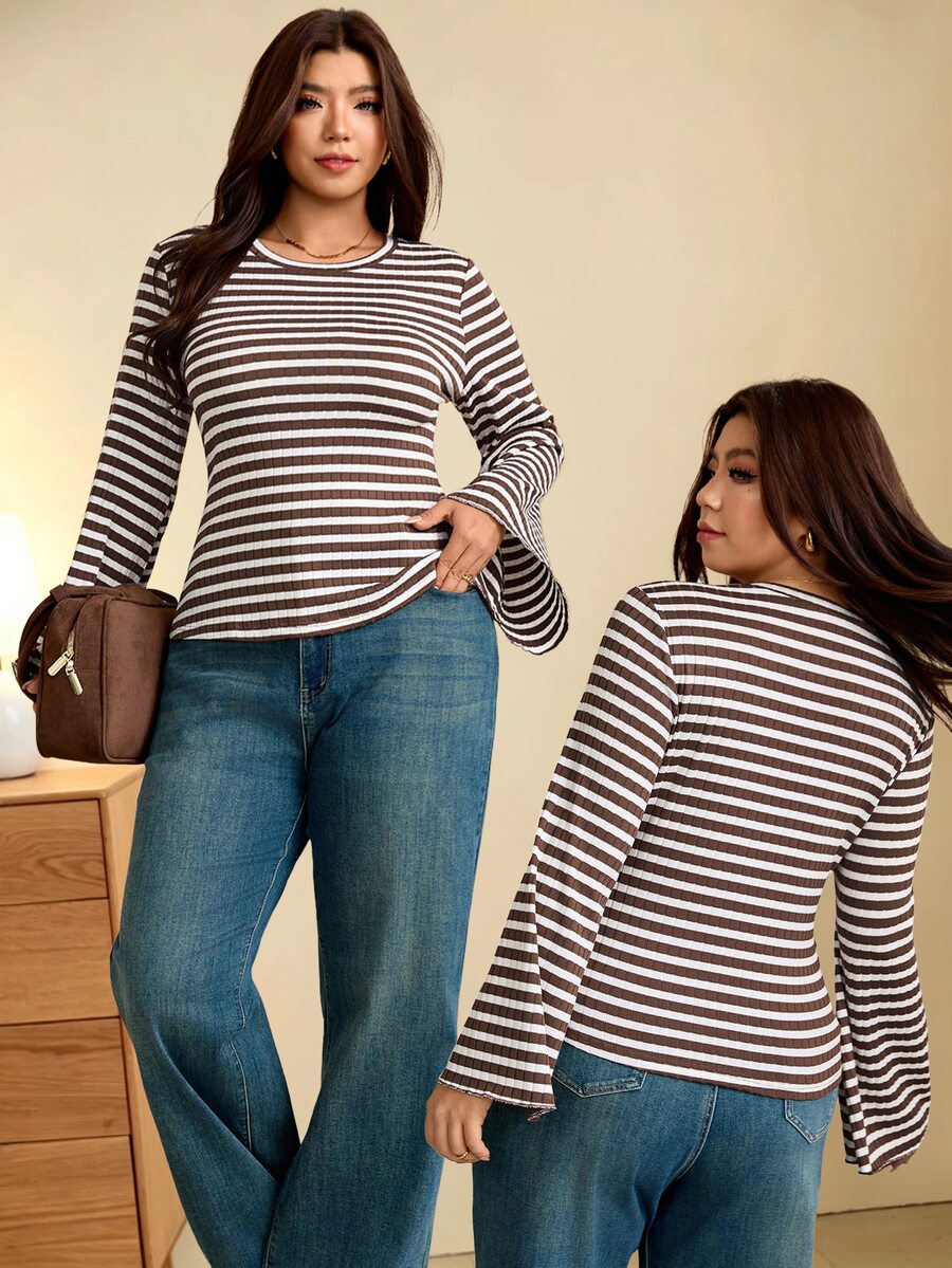 Edennvi Women's Plus Size Bell Sleeve Long Sleeve T-Shirt, Round Neck Elegant Tee, Suitable For Commute, Business, Daily, Vacation, Dating Fall - Multicolor - View 1