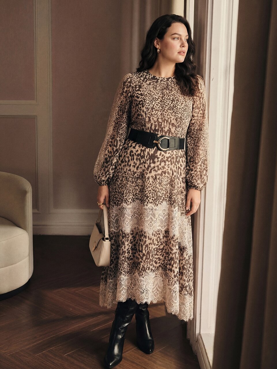 MOTF PLUS AUTUMN/WINTER LACE PATCHWORK LEOPARD PRINT LONG SLEEVE MID-LENGTH DRESS