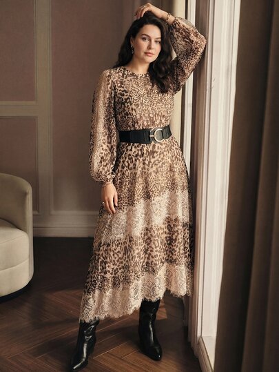 MOTF PREMIUM PLUS AUTUMN/WINTER LACE PATCHWORK LEOPARD PRINT LONG SLEEVE MID-LENGTH DRESS