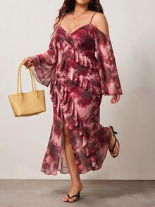 Enliva Plus-Size Women's V-Neck Ruffled High-Slit Dusty Rose Floral Print Sundress, Wedding Outfit, Elegant Celestial Sexy Slit Dress, Date Dinner Party Look - Multicolor - View 5