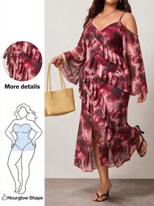 Enliva Plus-Size Women's V-Neck Ruffled High-Slit Dusty Rose Floral Print Sundress, Wedding Outfit, Elegant Celestial Sexy Slit Dress, Date Dinner Party Look - Multicolor - View 1