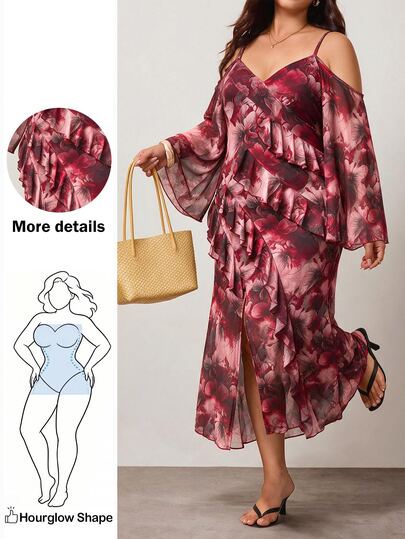 Enliva Plus-Size Women's V-Neck Ruffled High-Slit Dusty Rose Floral Print Sundress, Wedding Outfit, Elegant Celestial Sexy Slit Dress, Date Dinner Party Look